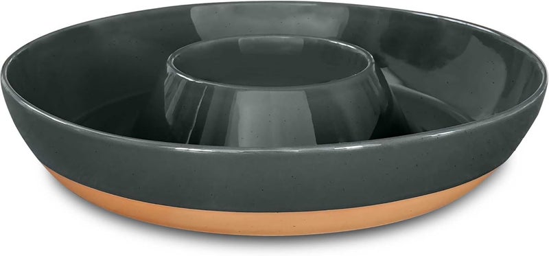 Mora Ceramic Chips and Dip Serving Tray: Large Divided Party Bowl Set for Chips & Salsa, Veggies & Dip, Fruit, Snacks, Entertaining, Hosting, etc. Minimalist Design for the Modern Hostess - Charcoal - Image 1